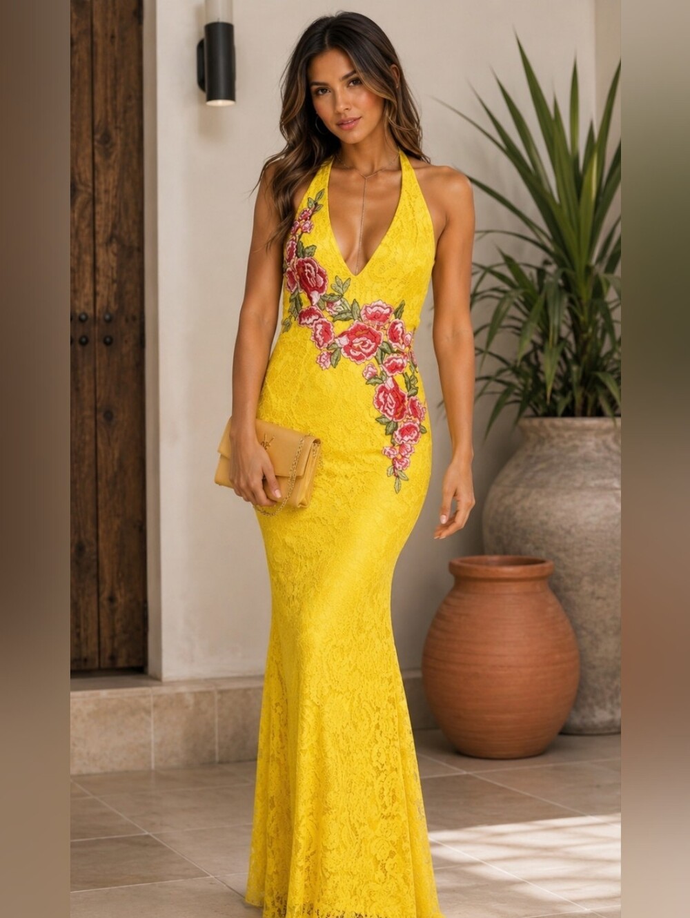 Yellow Floral Lace Halter Maxi Dress - Picture 2 of 7